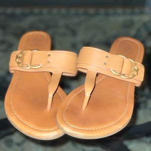 Tory Burch tan thong flip flops with logo